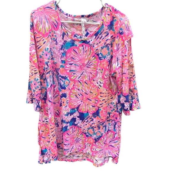 Lulu-B Women’s L Tunic Top Bright Floral Print 3/4 Sleeve Cutouts Cotton Blend - Picture 1 of 4